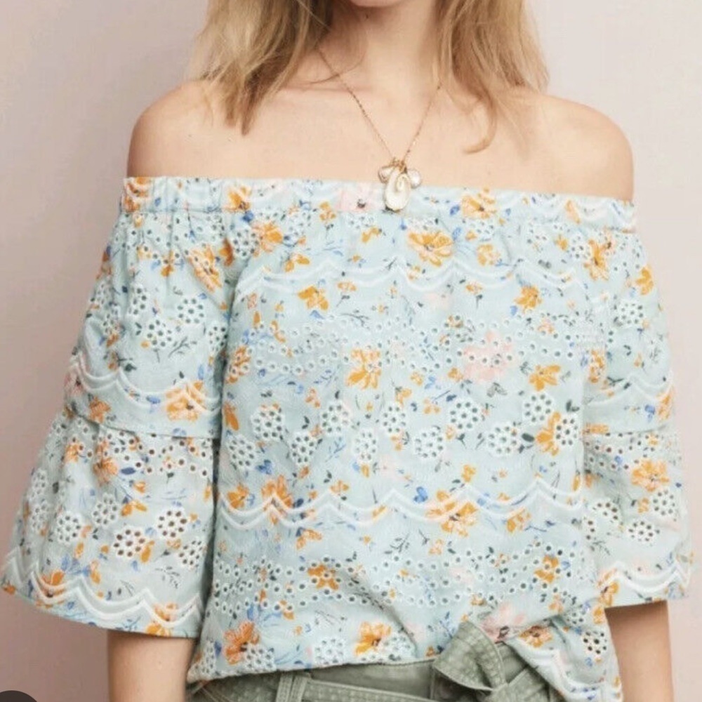 Anthropologie LAIA Ashtabula Blue Green Off Shoulder Ruffle Sleeve Shirt Size XS